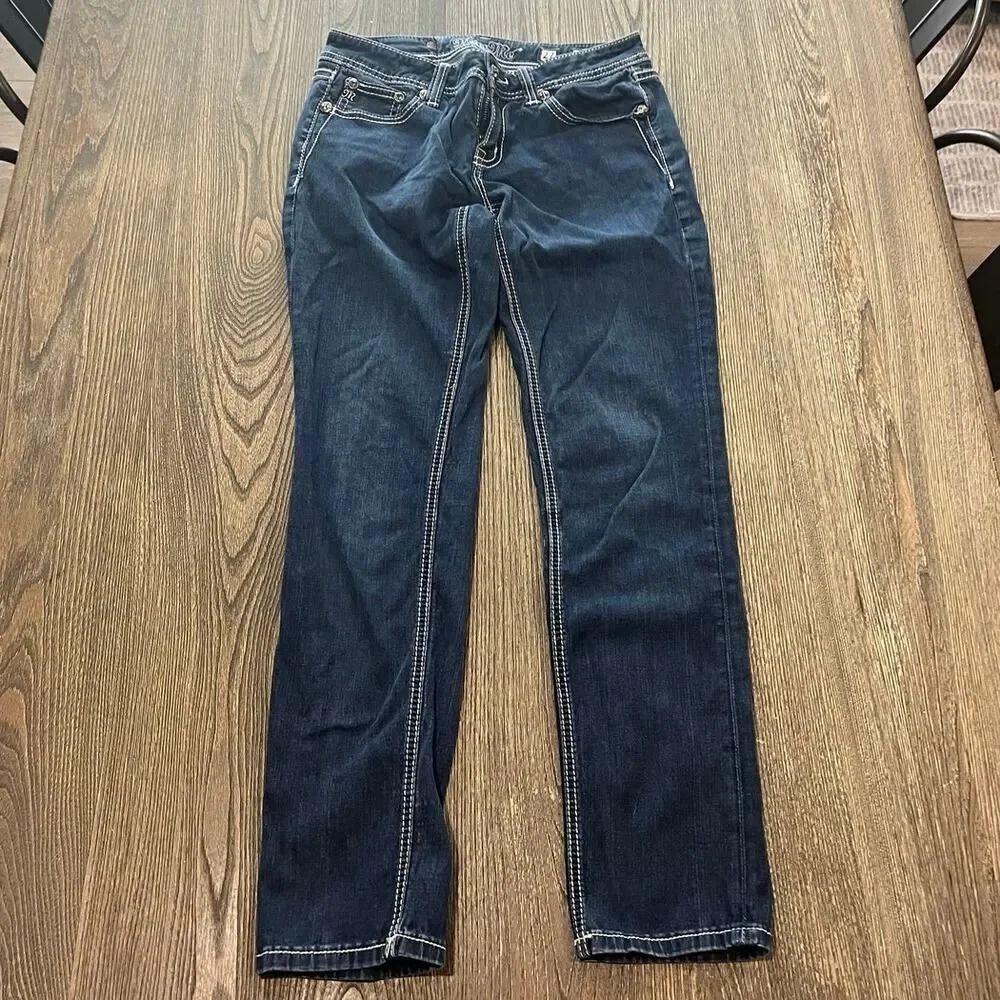 Miss Me Easy Skinny Jeans Mid Rise Embroidered Rhinestone Dark Wash Blue Size 27